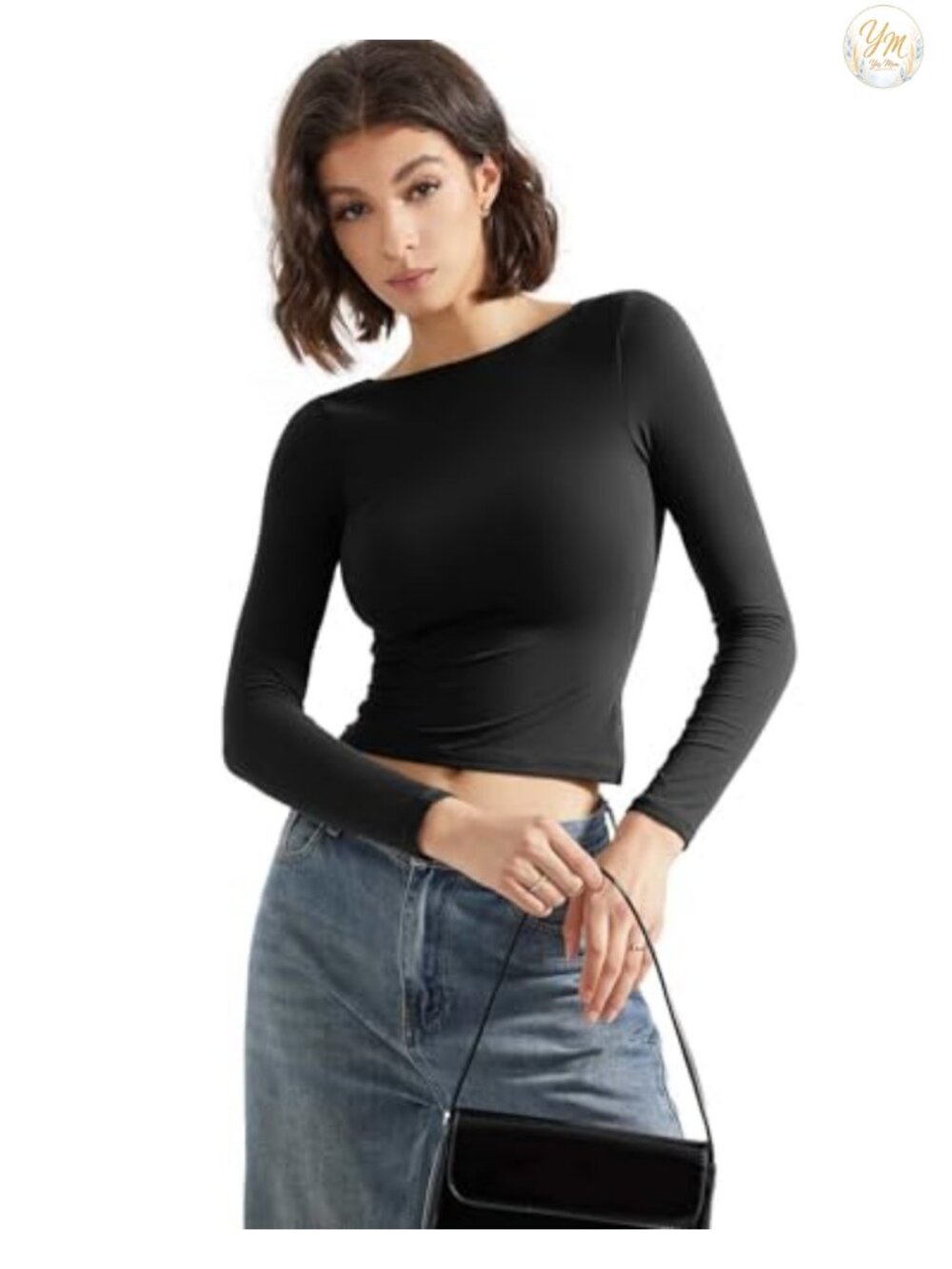 Double Lined Backless Going Out Top Long Sleeve Boat Neck Fitted Tee - Picture 4 of 6